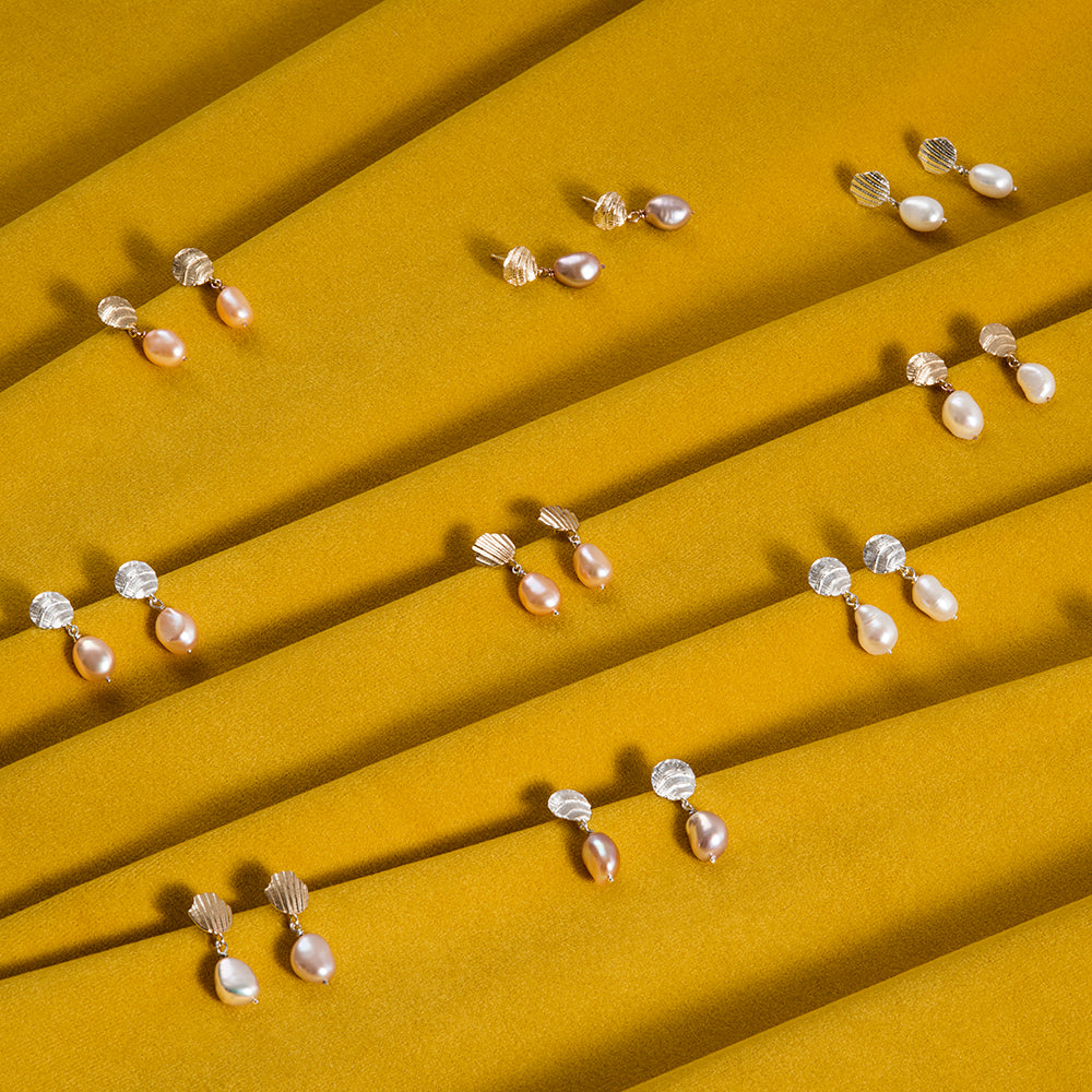 Seashell and Pearl Drop Earrings Collection in Gold and Silver by Camilletteo