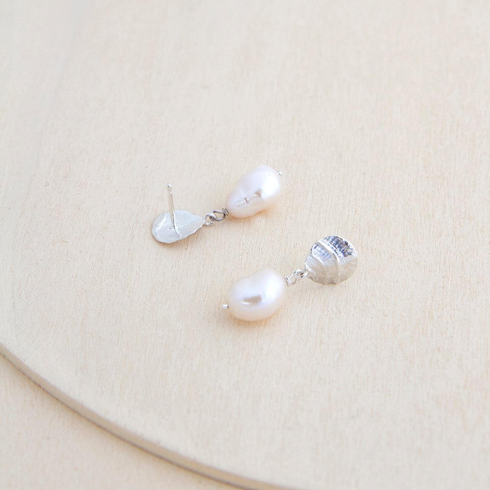Fossil Drop Earrings with Baroque Pearl - Ivory - Sterling Silver or 14k Gold - Camillette