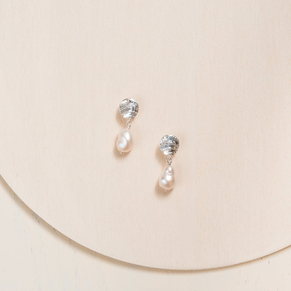 Fossil Drop Earrings with Baroque Pearl - Ivory - Sterling Silver or 14k Gold - Camillette