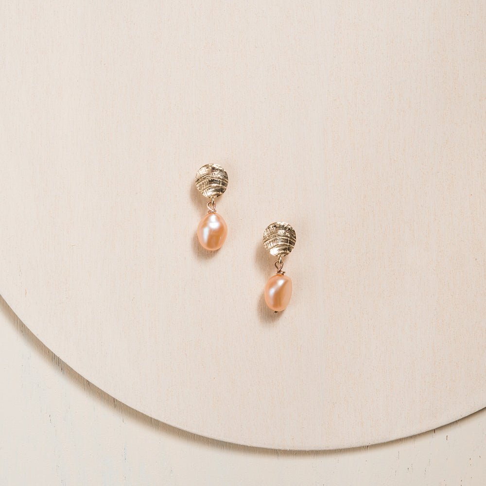Fossil Drop Earrings with Baroque Pearl - Peach - Sterling Silver or 14k Gold - Camillette