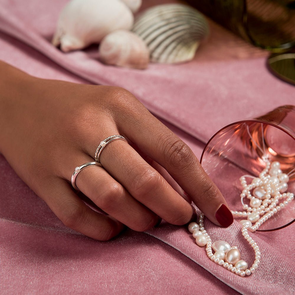 White Pearl Solitaire Thick Band Ring - 14k Gold - Camillette