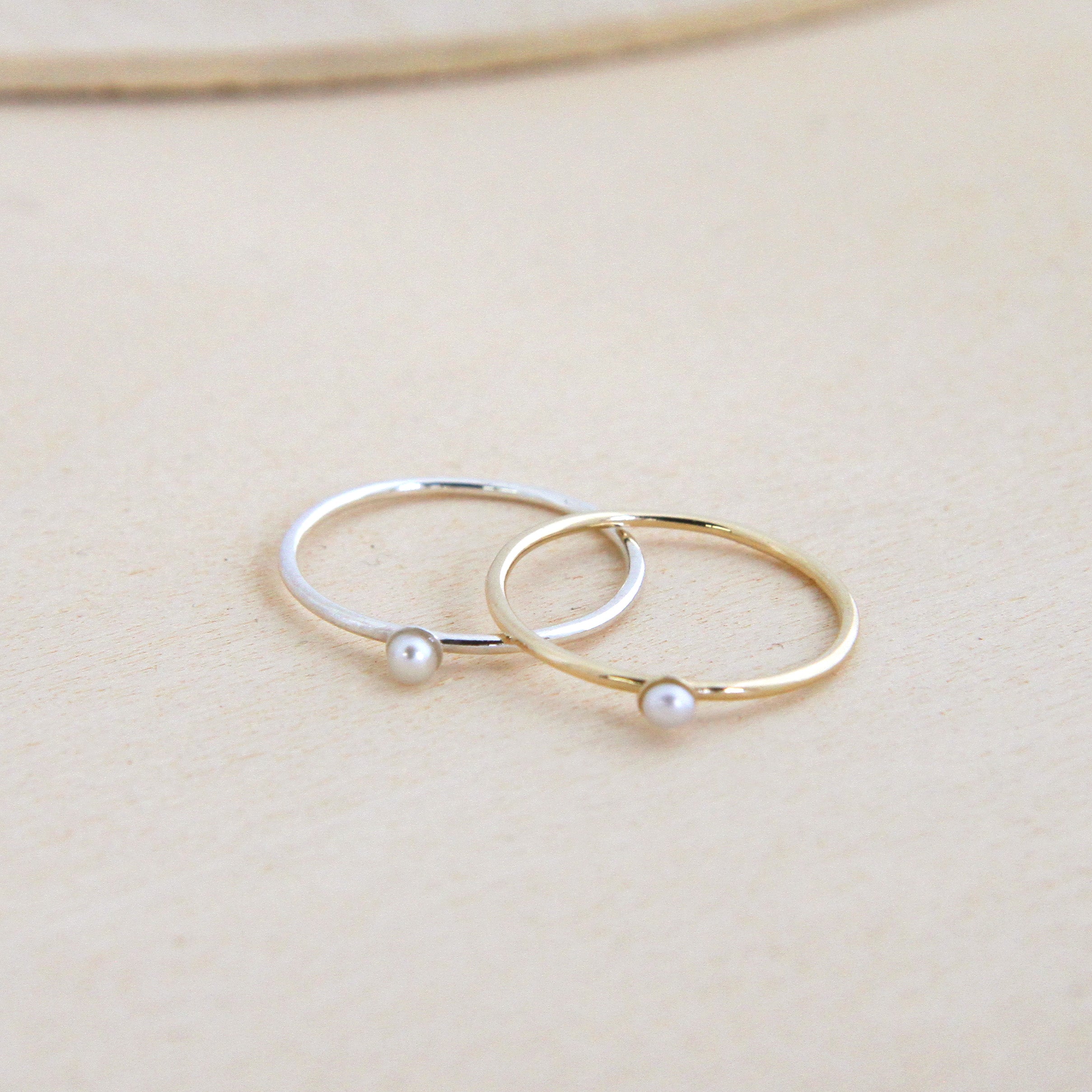 White Pearl Solitaire Thin Band Ring - 14k Gold - Camillette