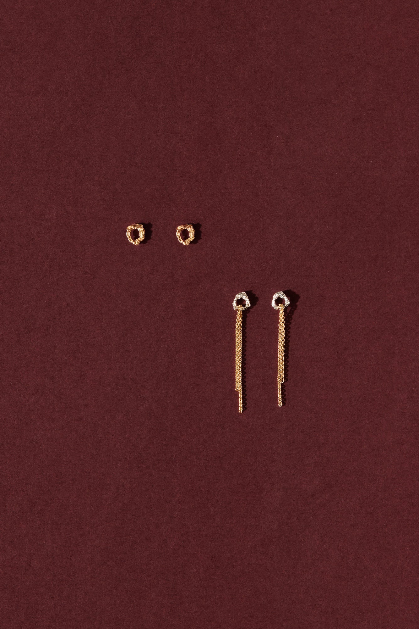 Amalgam Stud Earrings - Gold and delicate drop earrings with fine textured chains. Light, graceful, and modern.