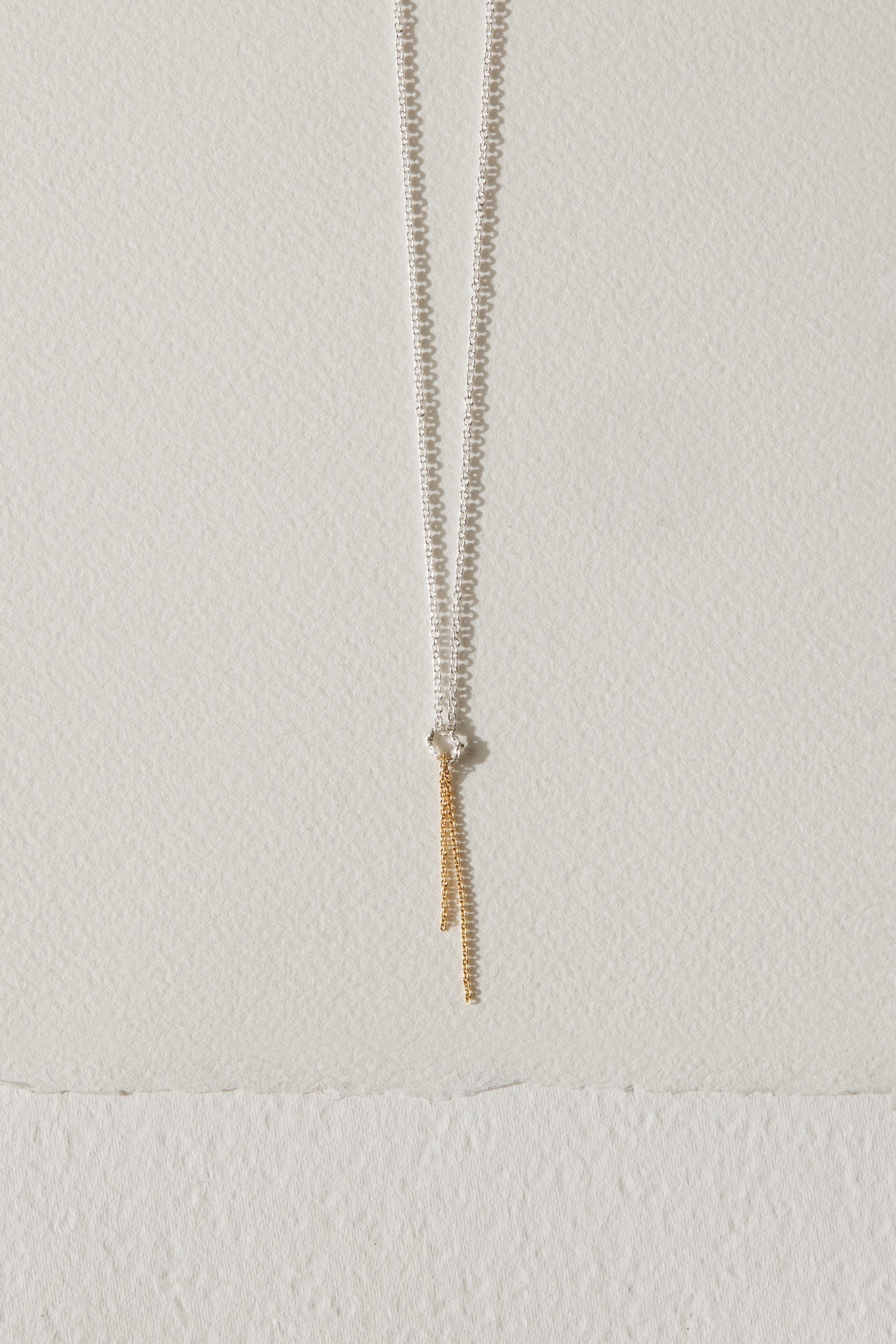 Silver necklace with a 10k gold chain dangling from a textured circle charm by Camillette Jewelry