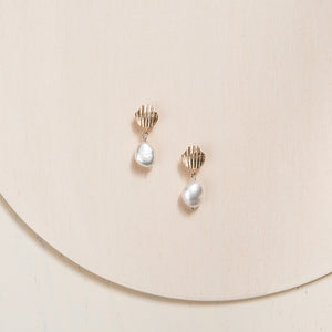 Seashell Drop Earrings with Ivory  Baroque Pearl - Sterling Silver or 14k Gold