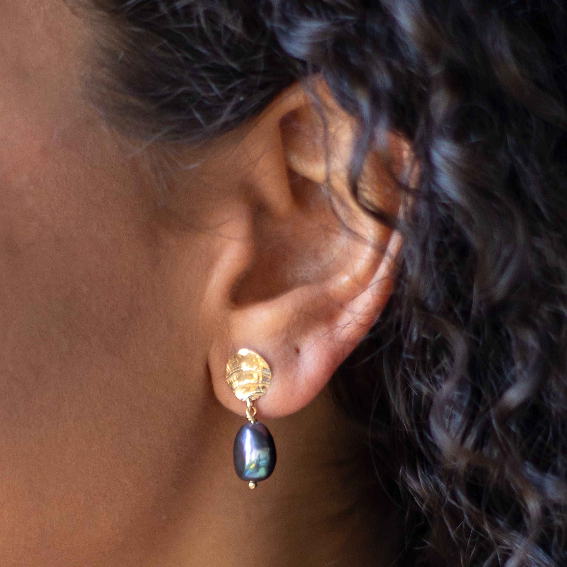 Fossil Drop Earrings with Baroque Pearl - Black - Sterling Silver or 14k Gold - Camillette