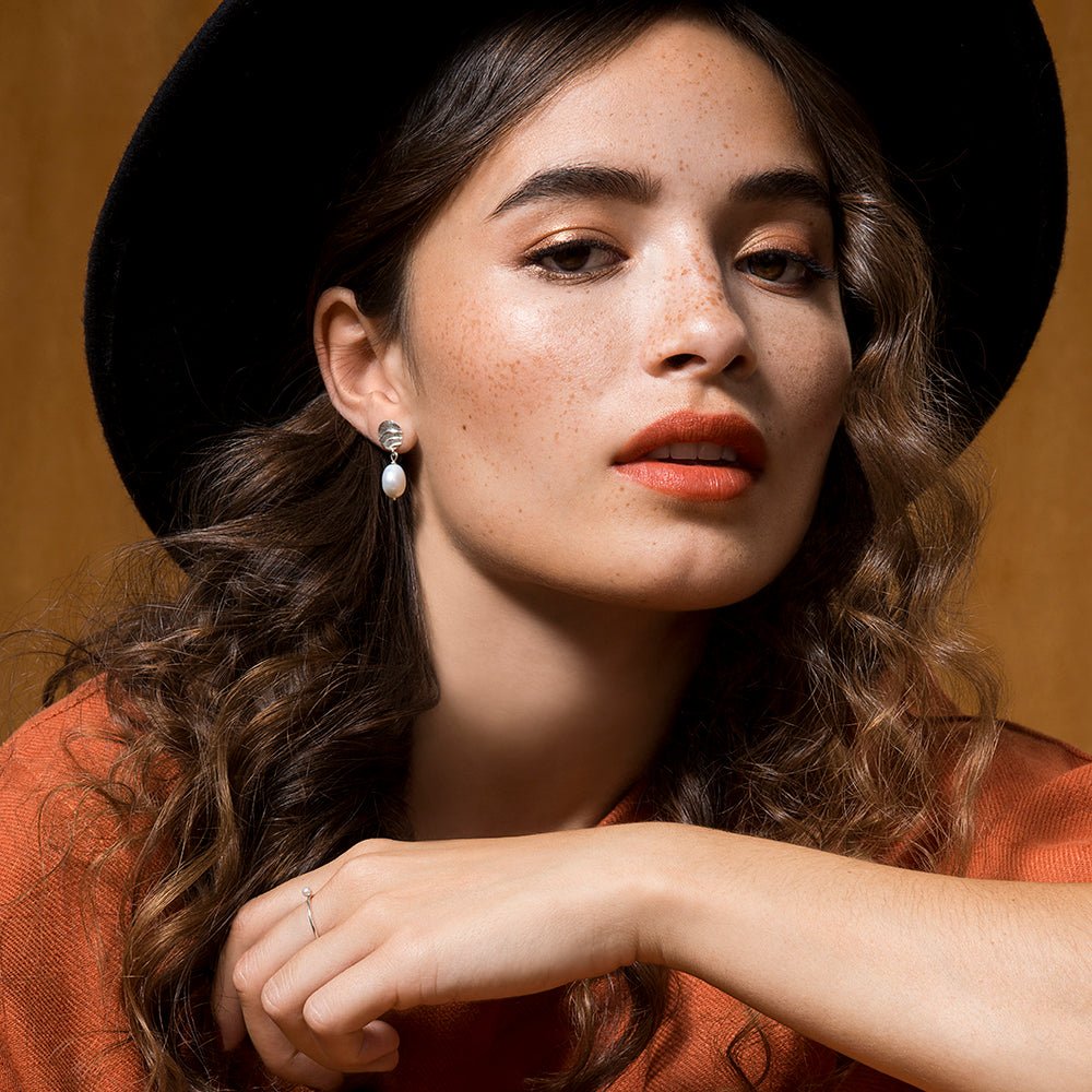 Fossil Drop Earrings with Baroque Pearl - Peach - Sterling Silver or 14k Gold - Camillette