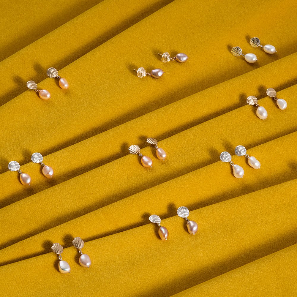 Fossil Drop Earrings with Baroque Pearl - Peach - Sterling Silver or 14k Gold - Camillette
