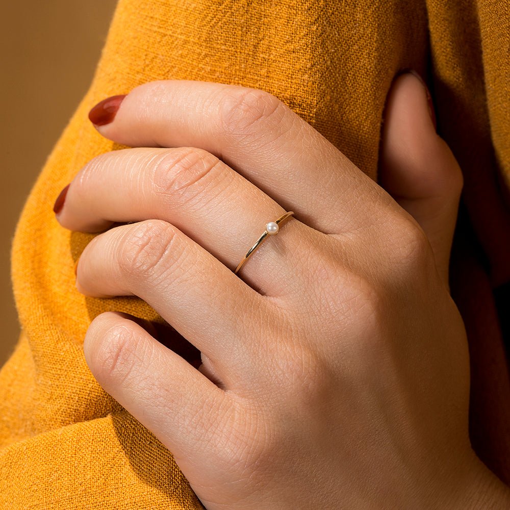 White Pearl Solitaire Thin Band Ring - 14k Gold - Camillette